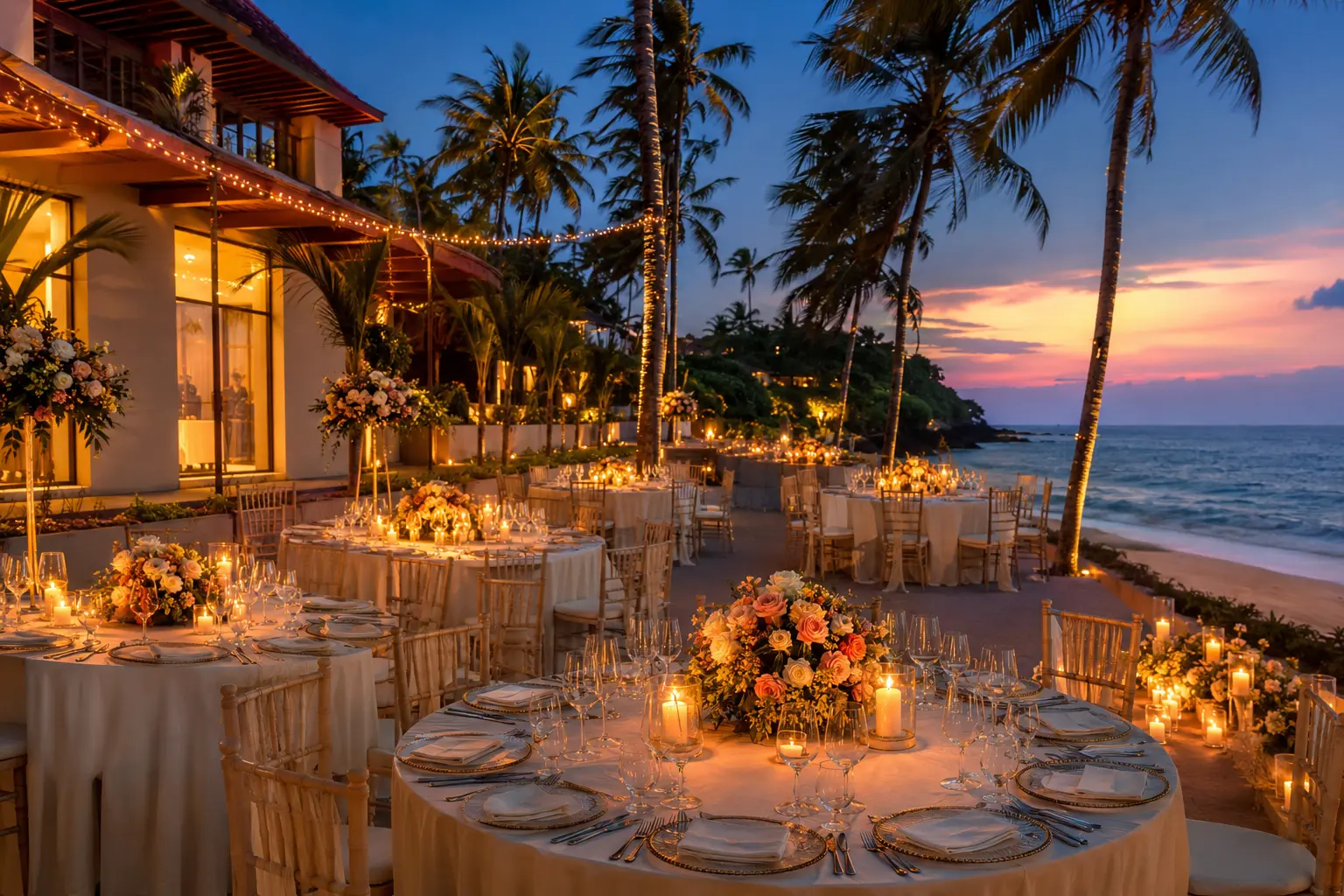 Luxury beachfront hotel wedding reception prepared at romantic twilight in Sri Lanka